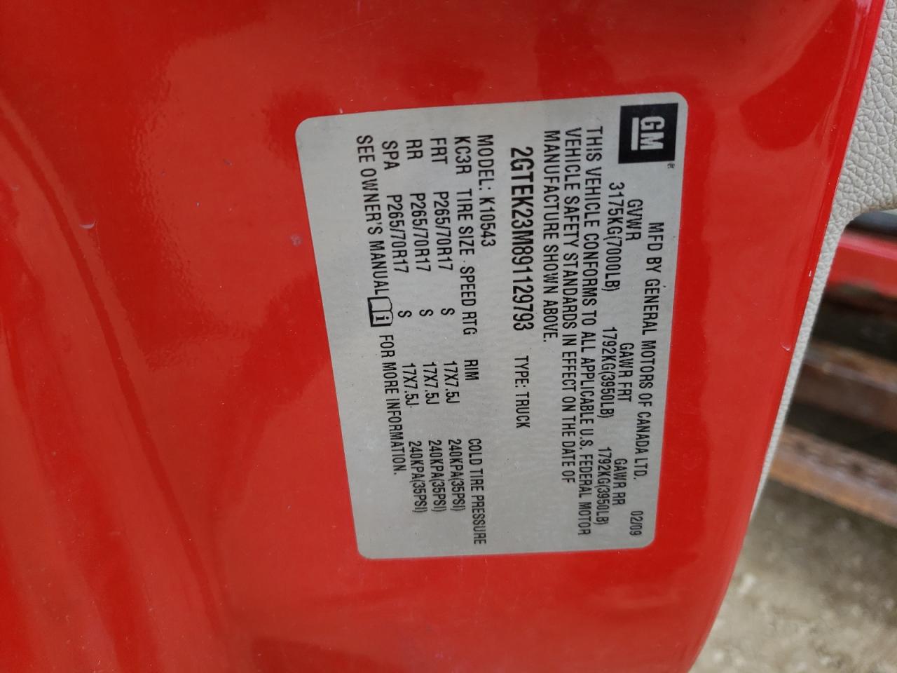 2009 GMC Sierra K1500 Sle VIN: 2GTEK23M891129793 Lot: 93821715