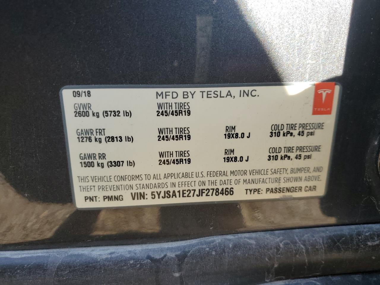 2018 Tesla Model S VIN: 5YJSA1E27JF278466 Lot: 91855385
