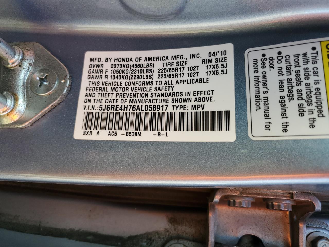 2010 Honda Cr-V Exl VIN: 5J6RE4H76AL058917 Lot: 91463375