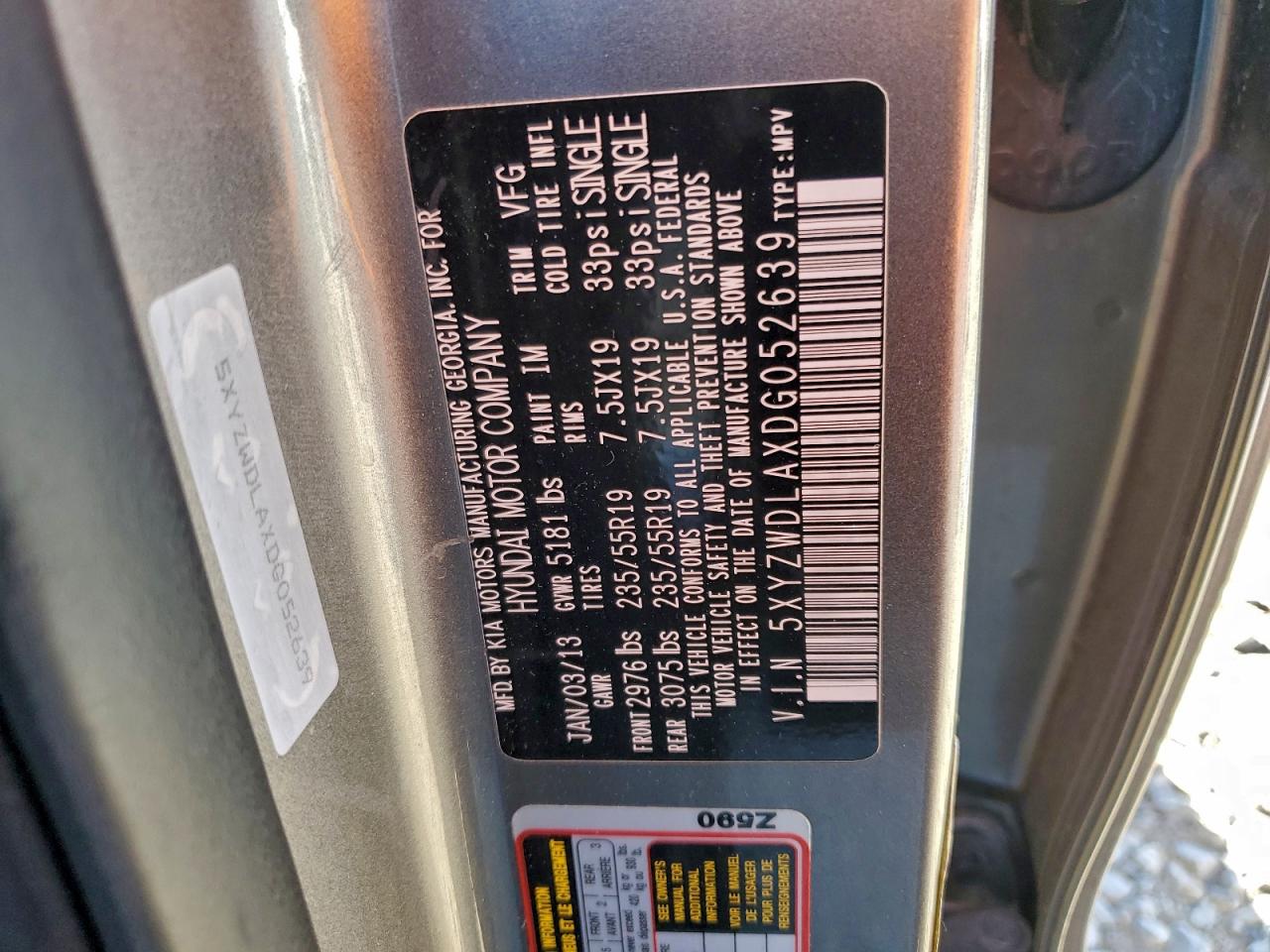 2013 Hyundai Santa Fe Sport VIN: 5XYZWDLAXDG052639 Lot: 94255515