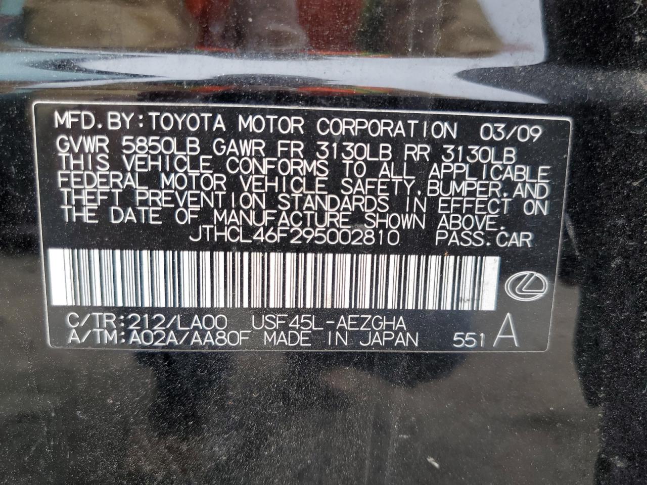 2009 Lexus Ls 460 VIN: JTHCL46F295002810 Lot: 91998525
