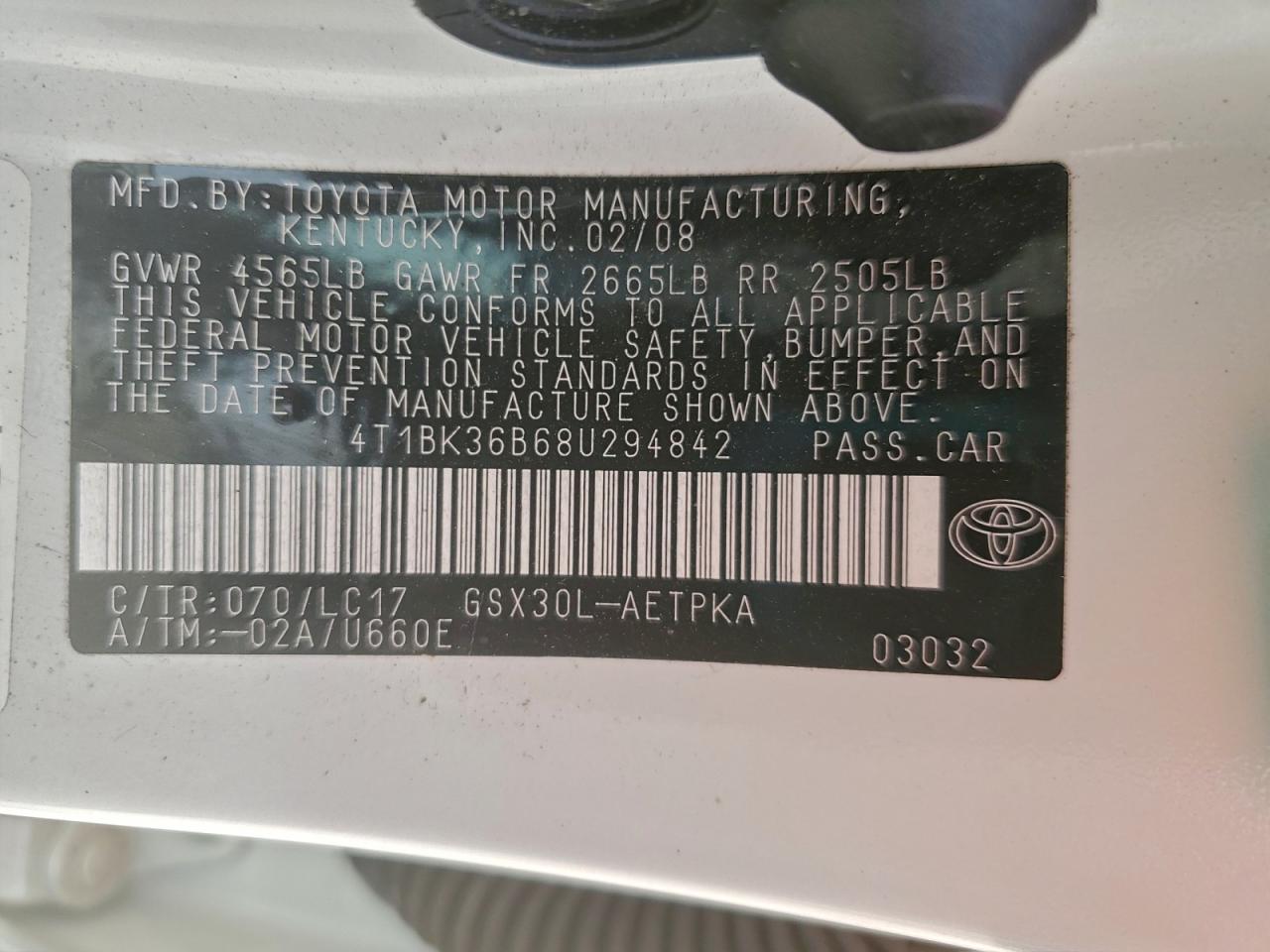 2008 Toyota Avalon Xl VIN: 4T1BK36B68U294842 Lot: 94671905