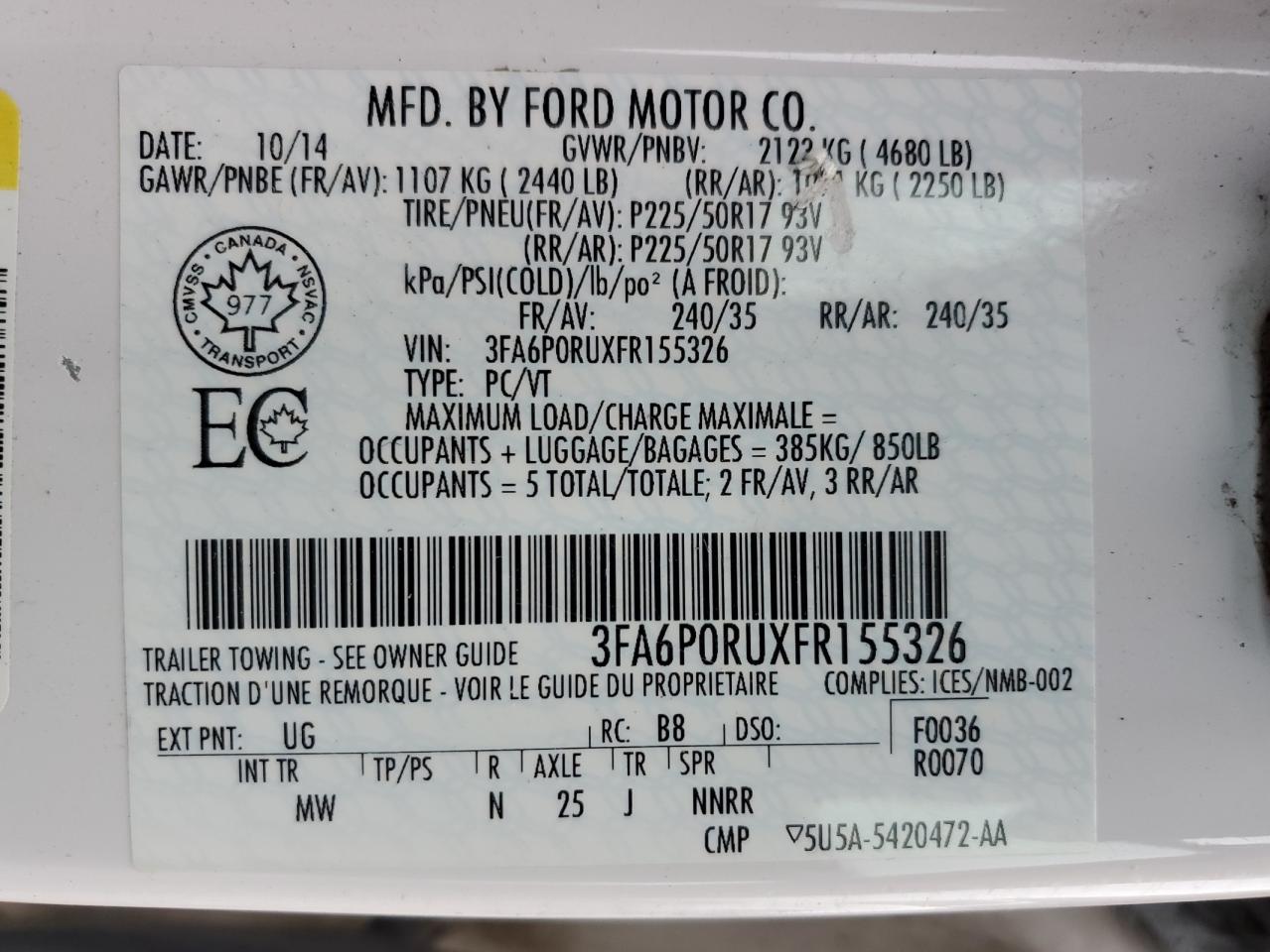 2015 Ford Fusion Titanium Hev VIN: 3FA6P0RUXFR155326 Lot: 92581405