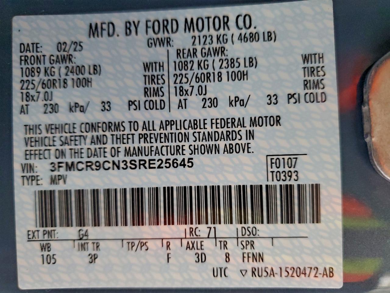 2025 Ford Bronco Sport Outer Banks VIN: 3FMCR9CN3SRE25645 Lot: 93416525