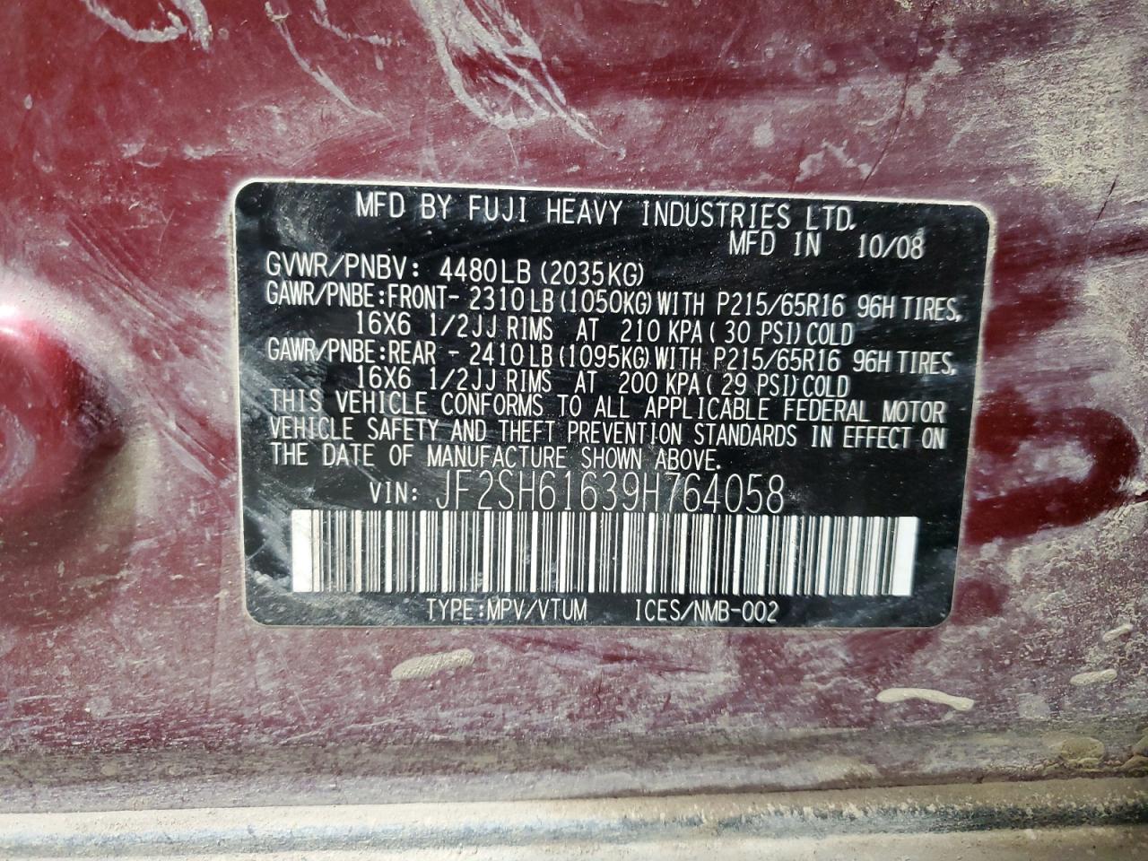 2009 Subaru Forester 2.5X VIN: JF2SH61639H764058 Lot: 92751545