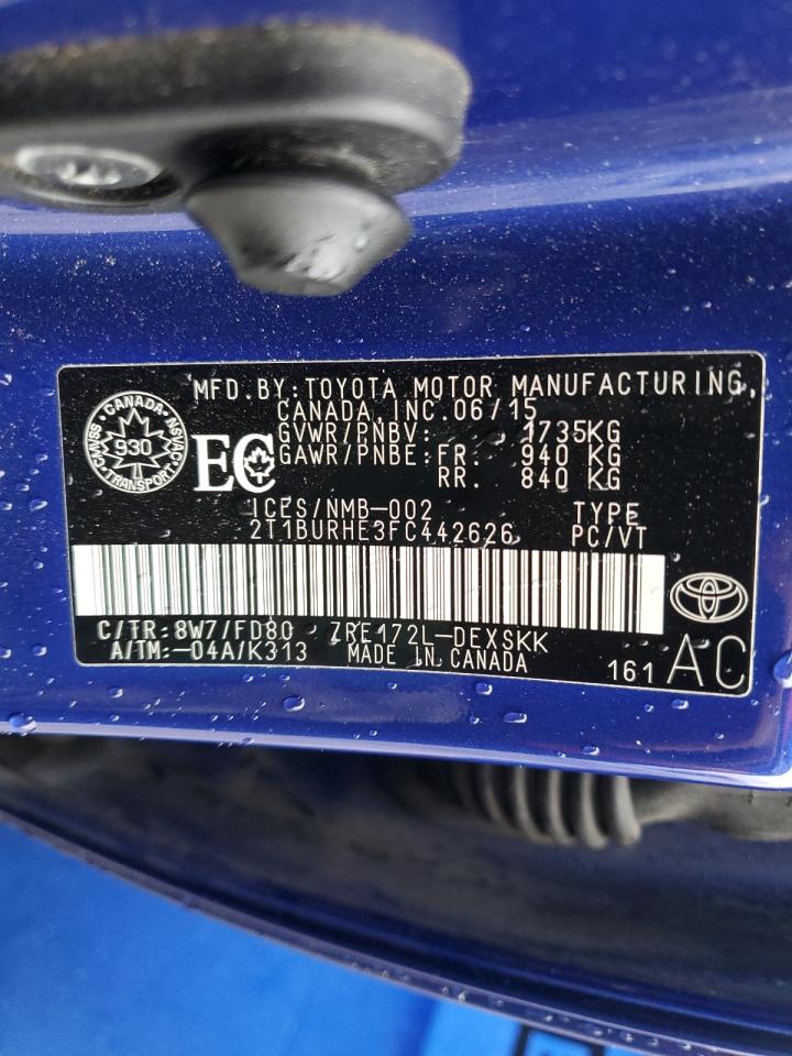 2015 Toyota Corolla L VIN: 2T1BURHE3FC442626 Lot: 91322525