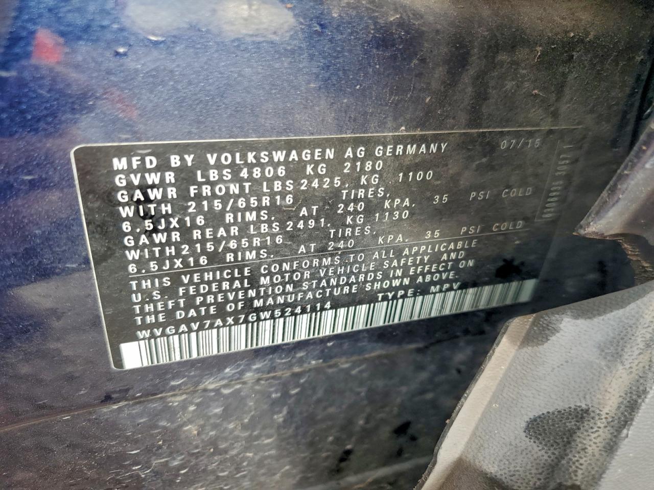 2016 Volkswagen Tiguan S VIN: WVGAV7AX7GW524114 Lot: 94246575