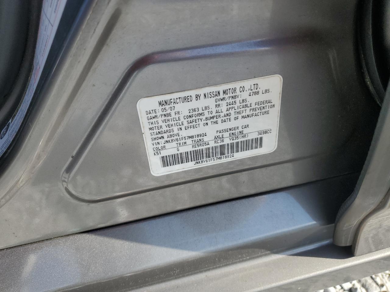 2007 Infiniti G35 VIN: JNKBV61F57M818924 Lot: 92921575