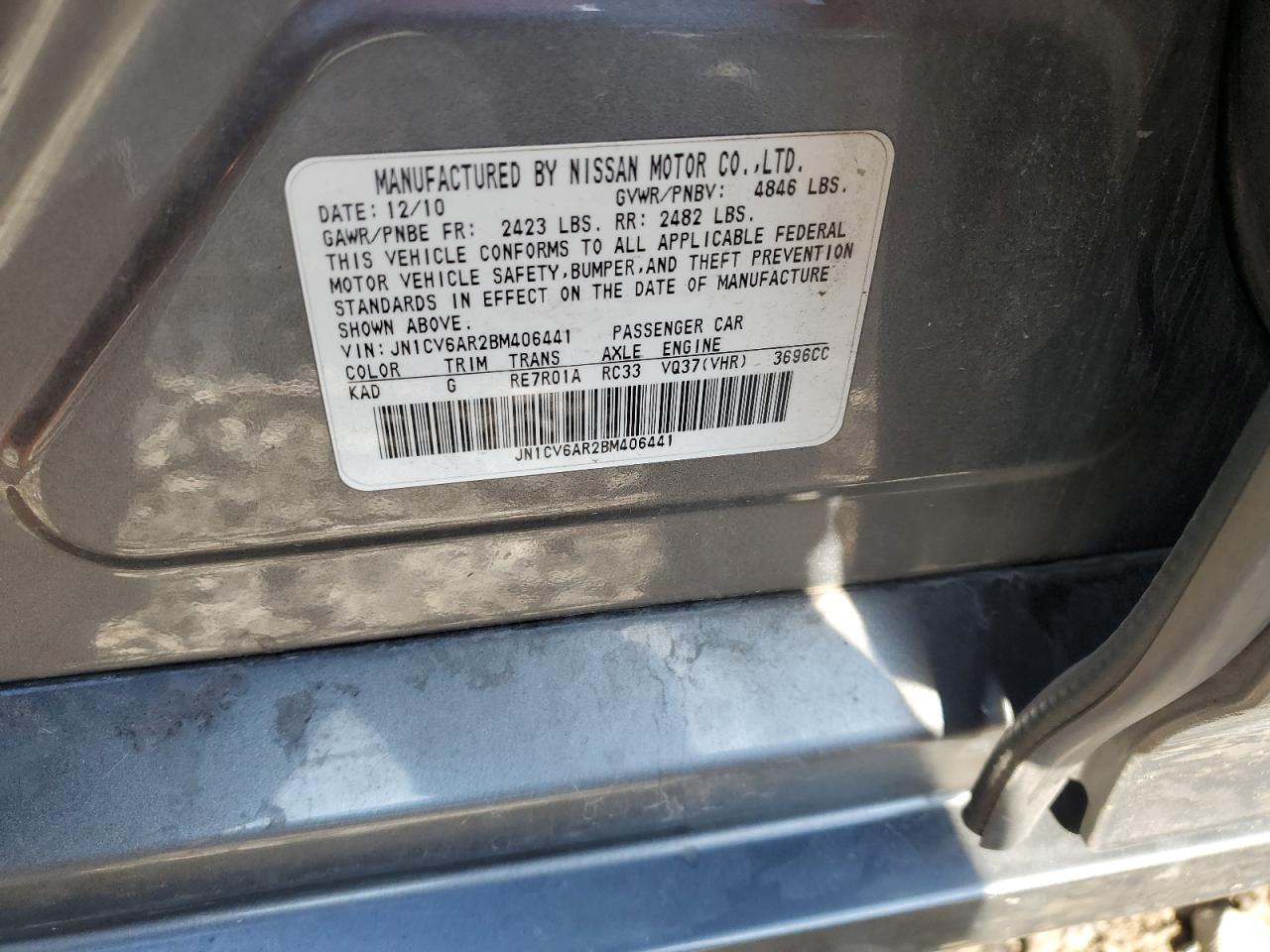 2011 Infiniti G37 VIN: JN1CV6AR2BM406441 Lot: 91866235