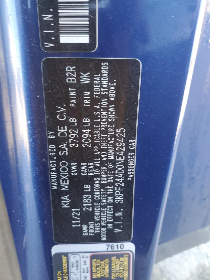 2022 Kia Forte Fe VIN: 3KPF24AD0NE429425 Lot: 91329815