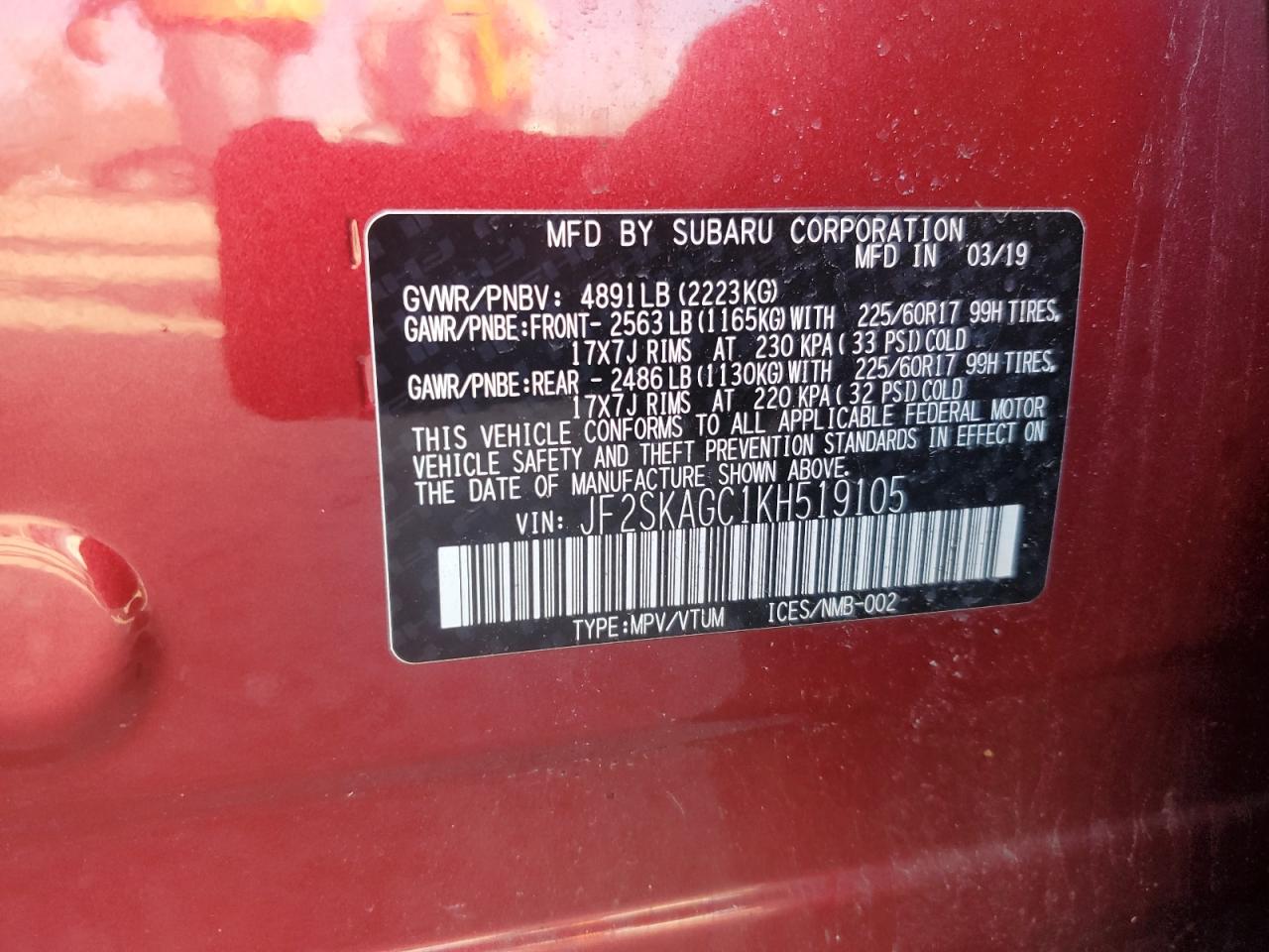 2019 Subaru Forester Premium VIN: JF2SKAGC1KH519105 Lot: 92528435