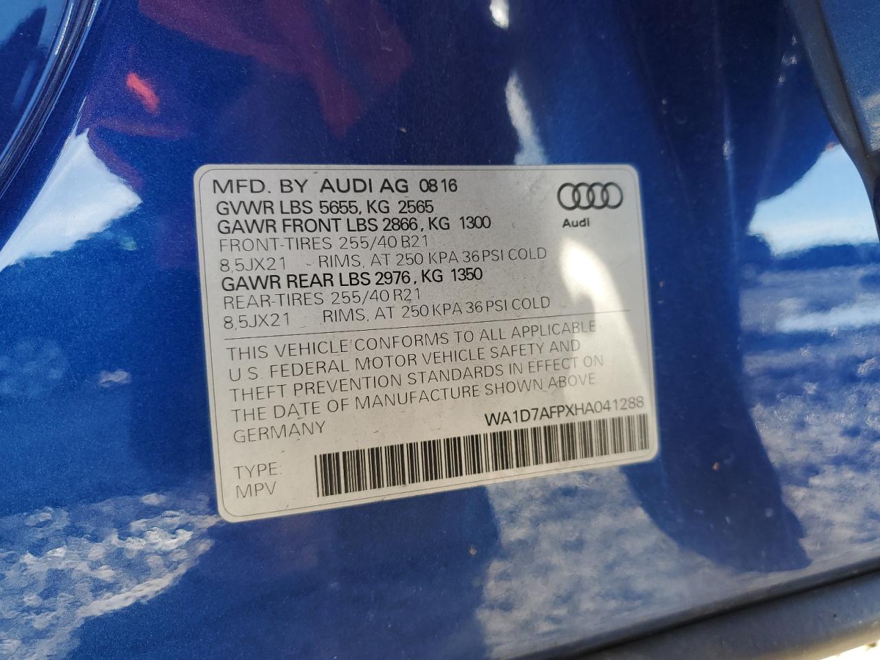 2017 Audi Q5 Premium Plus S-Line VIN: WA1D7AFPXHA041288 Lot: 92379195