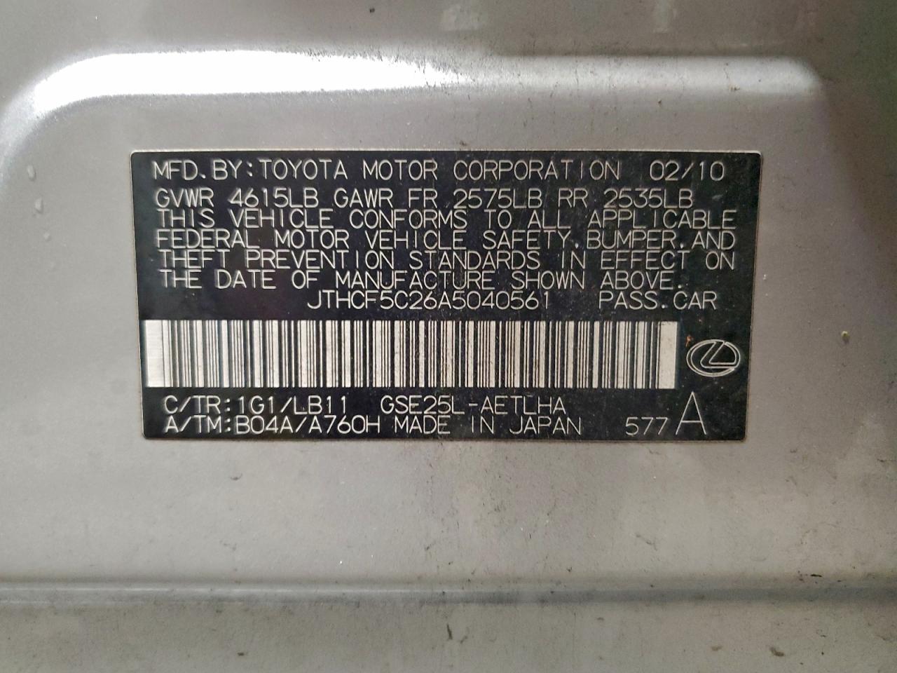 2010 Lexus Is 250 VIN: JTHCF5C26A5040561 Lot: 94113705