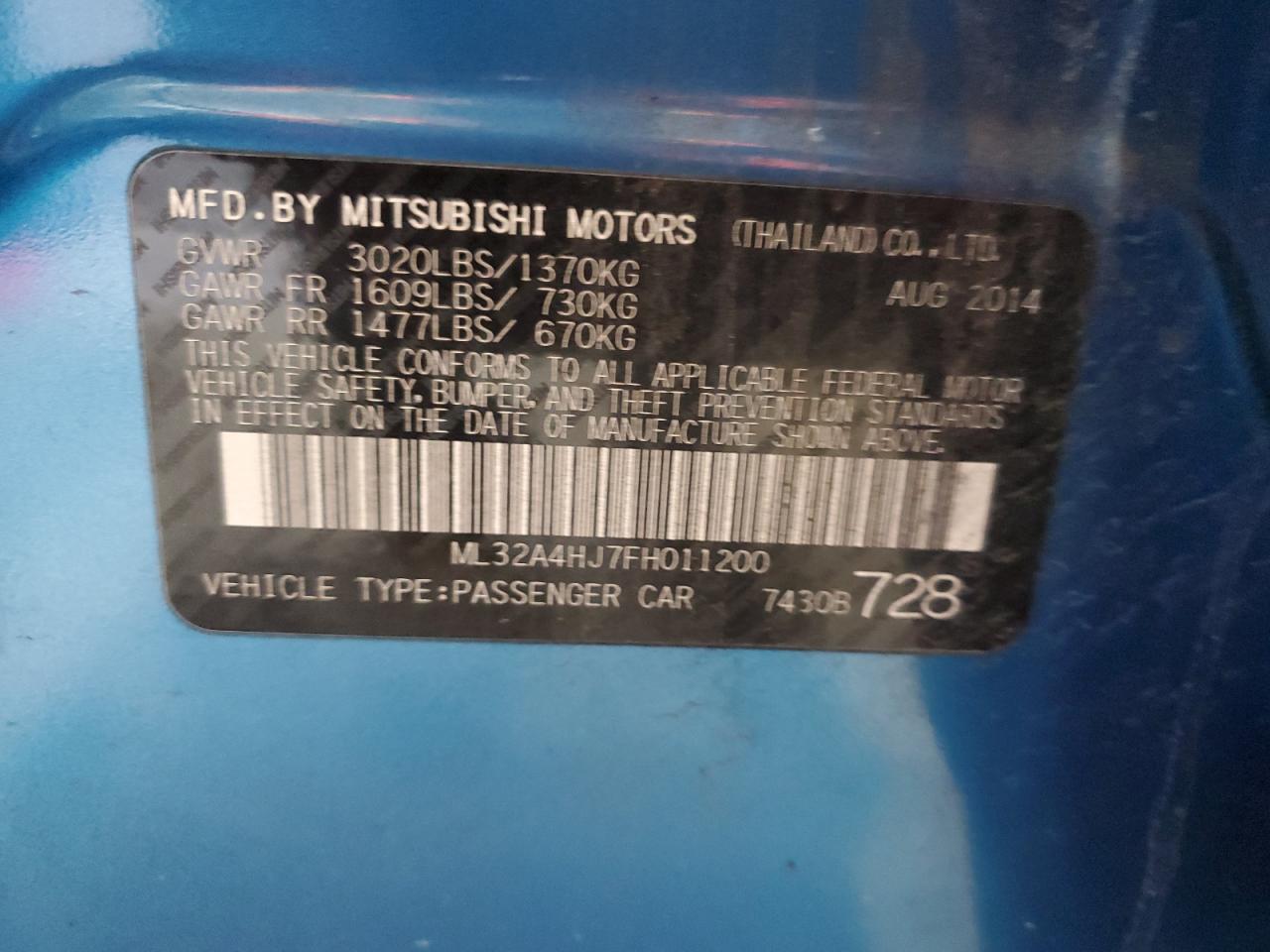 2015 Mitsubishi Mirage Es VIN: ML32A4HJ7FH011200 Lot: 91320325