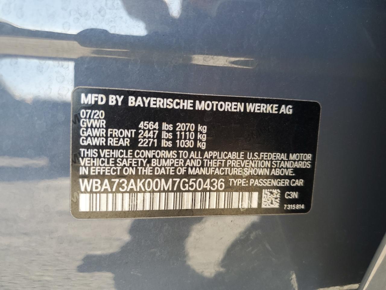 2021 BMW 228Xi VIN: WBA73AK00M7G50436 Lot: 92303515