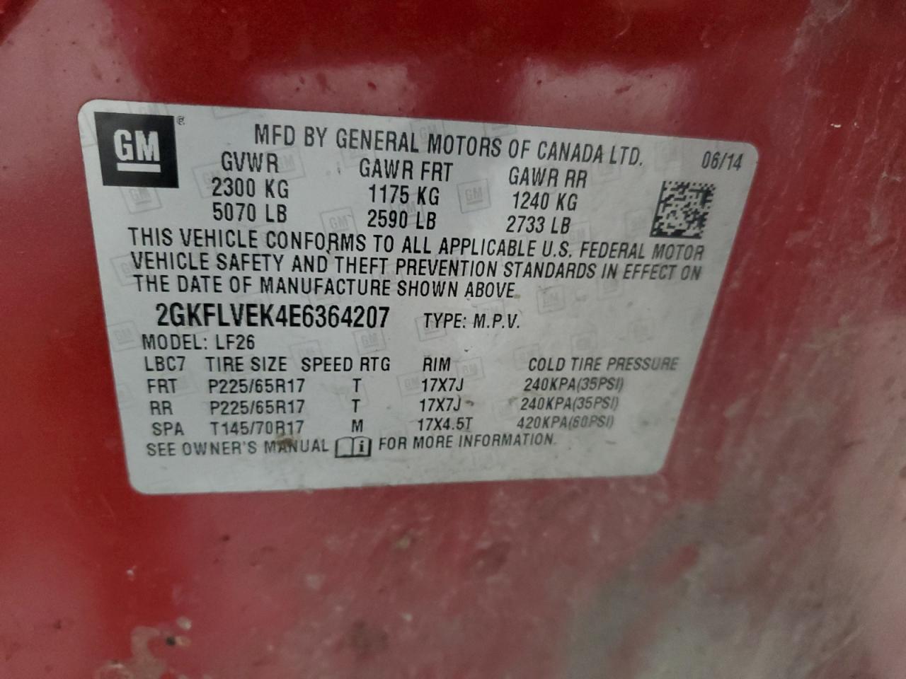 2014 GMC Terrain Sle VIN: 2GKFLVEK4E6364207 Lot: 93256185