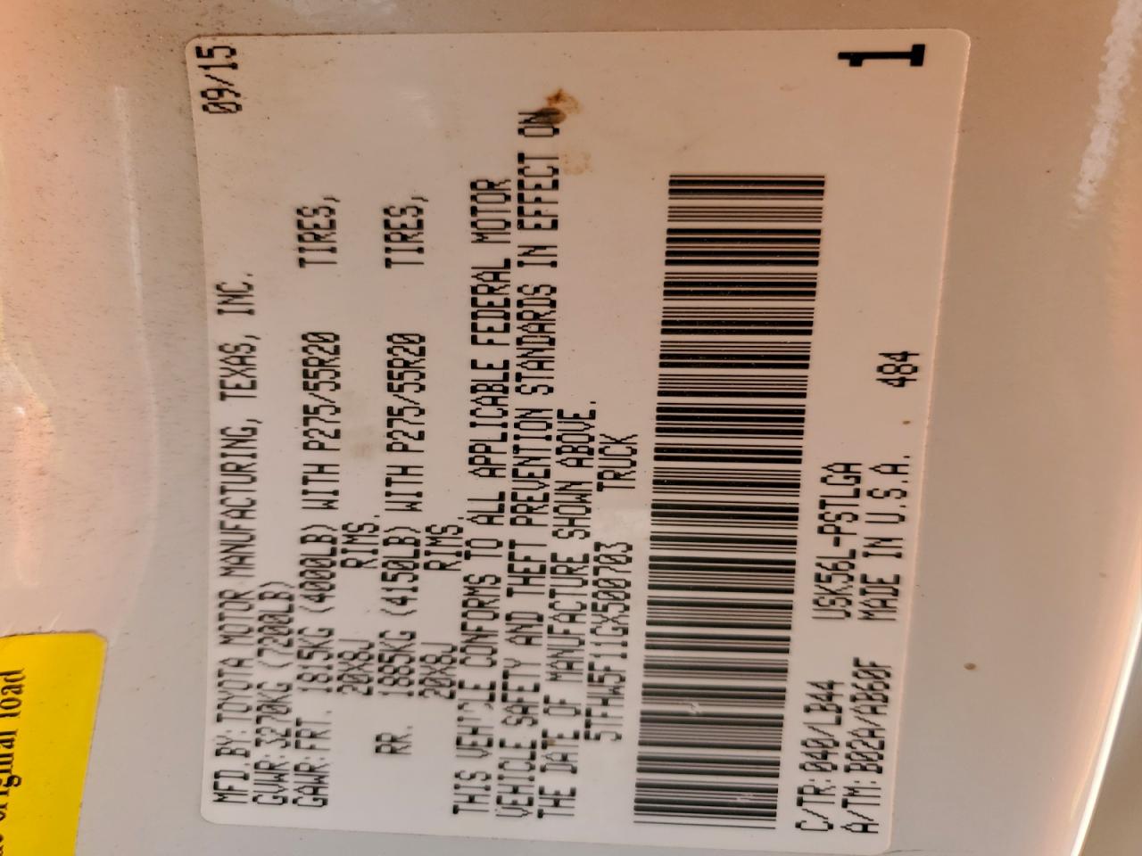 2016 Toyota Tundra Crewmax Limited VIN: 5TFHW5F11GX500703 Lot: 94684475