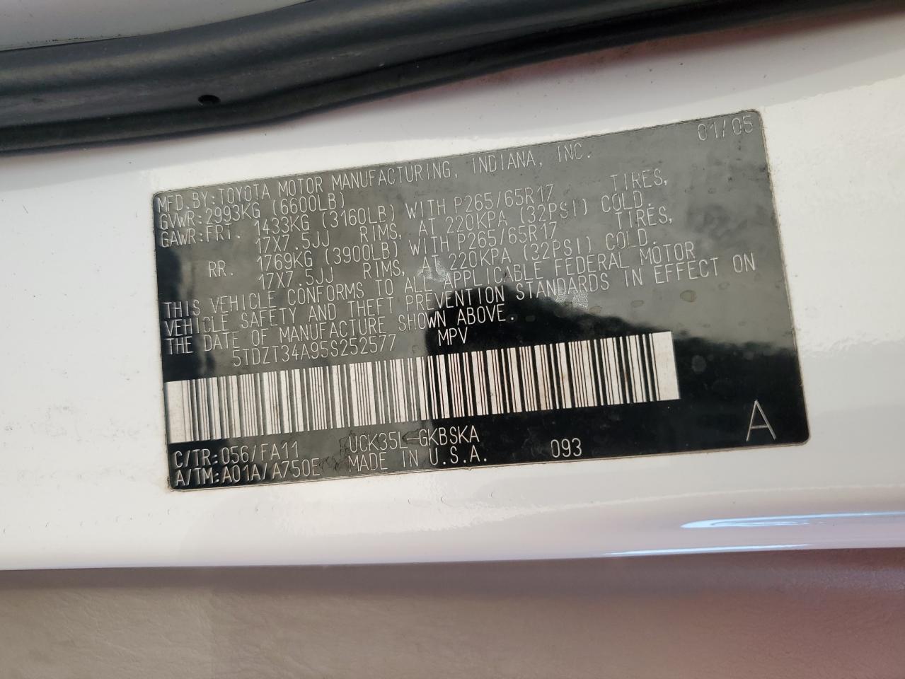 2005 Toyota Sequoia Sr5 VIN: 5TDZT34A95S252577 Lot: 93448955