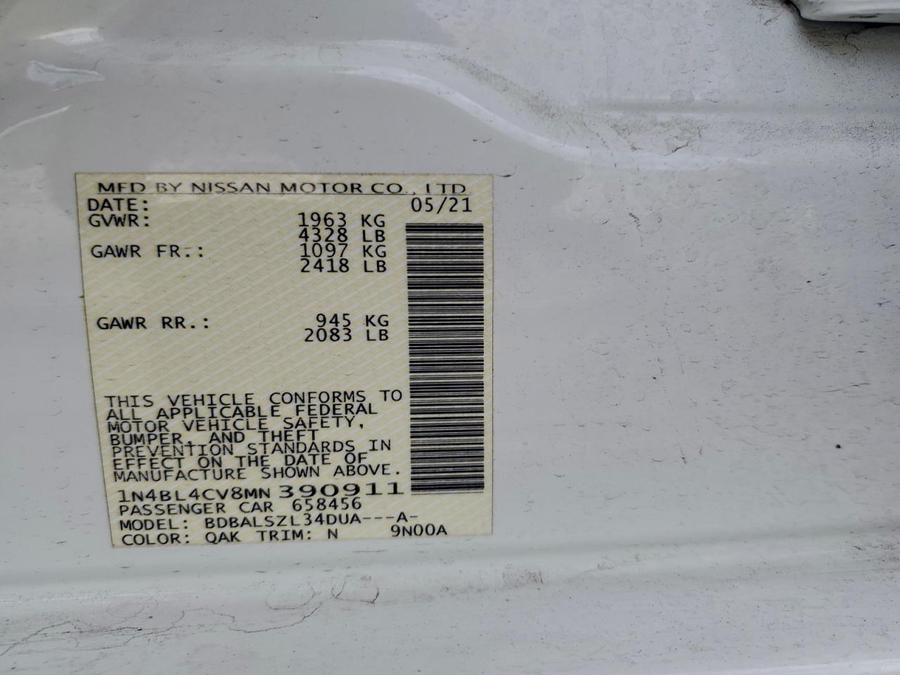 2021 Nissan Altima Sr VIN: 1N4BL4CV8MN390911 Lot: 93645925