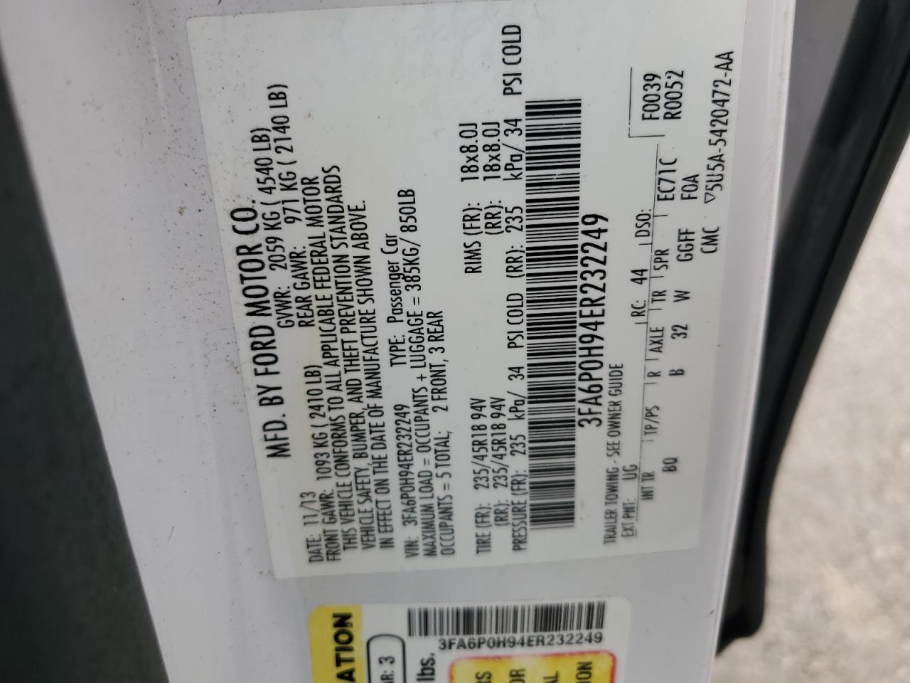 2014 Ford Fusion Se VIN: 3FA6P0H94ER232249 Lot: 93928845