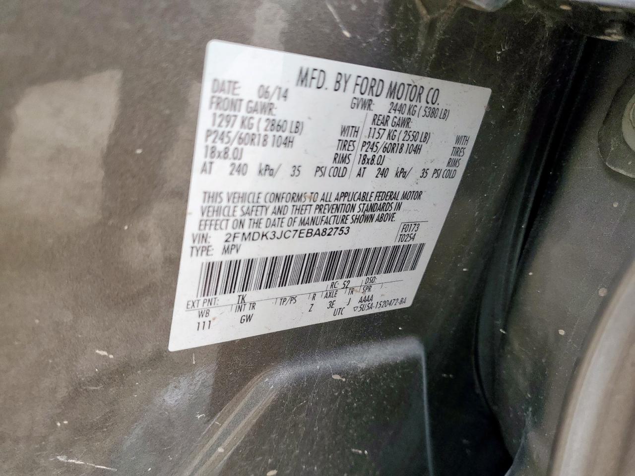 2014 Ford Edge Sel VIN: 2FMDK3JC7EBA82753 Lot: 92945185