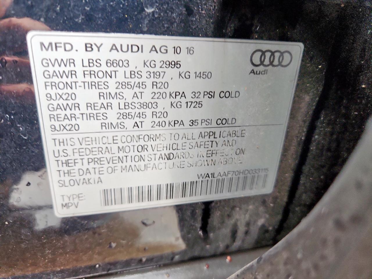 2017 Audi Q7 Premium Plus VIN: WA1LAAF70HD033115 Lot: 92014865