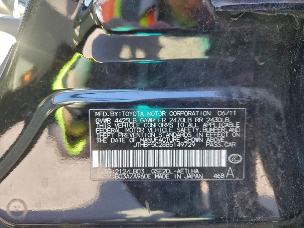 2011 Lexus Is 250 VIN: JTHBF5C28B5149729 Lot: 89497345