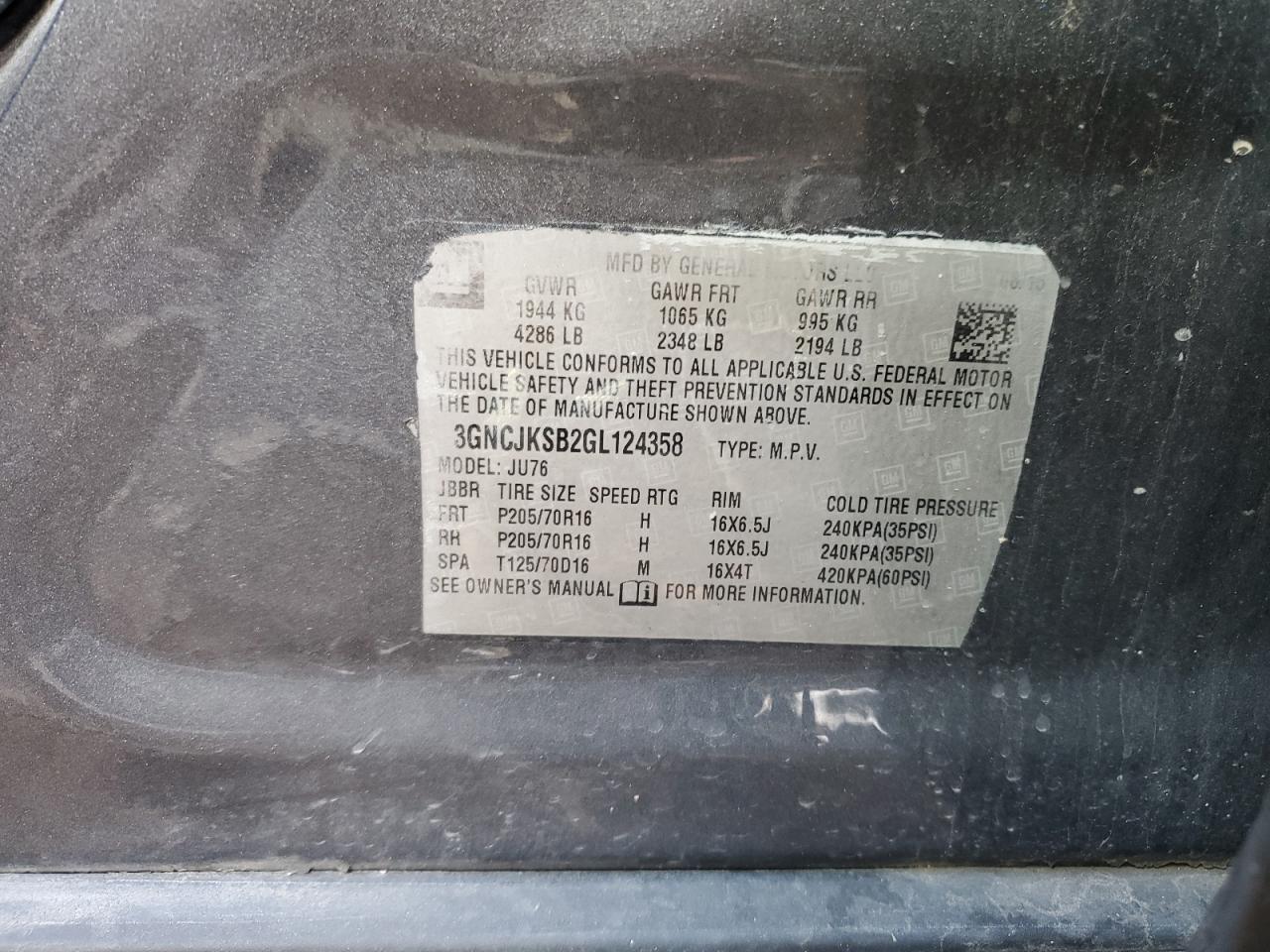 2016 Chevrolet Trax Ls VIN: 3GNCJKSB2GL124358 Lot: 91103835