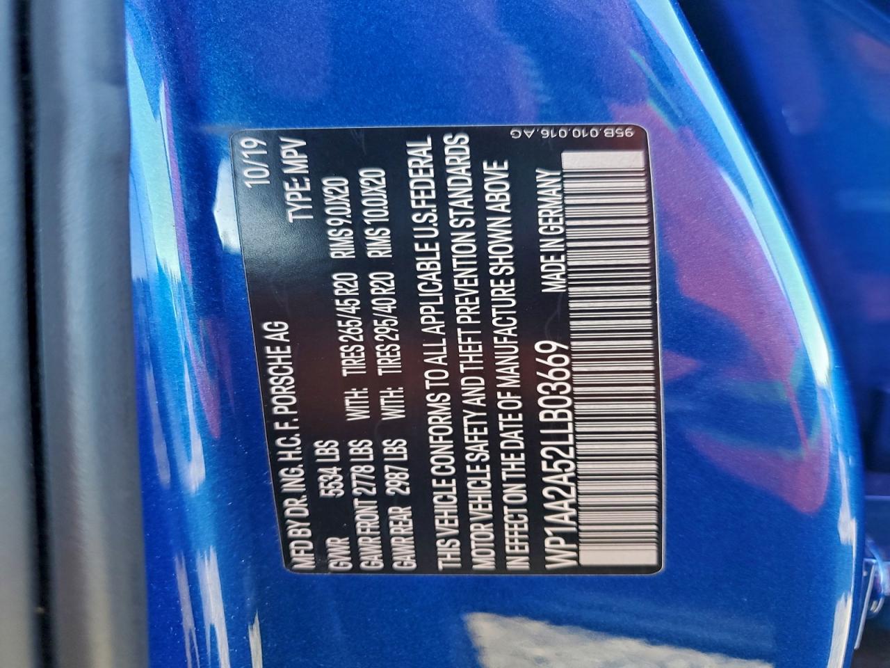 2020 Porsche Macan VIN: WP1AA2A52LLB03669 Lot: 94442435