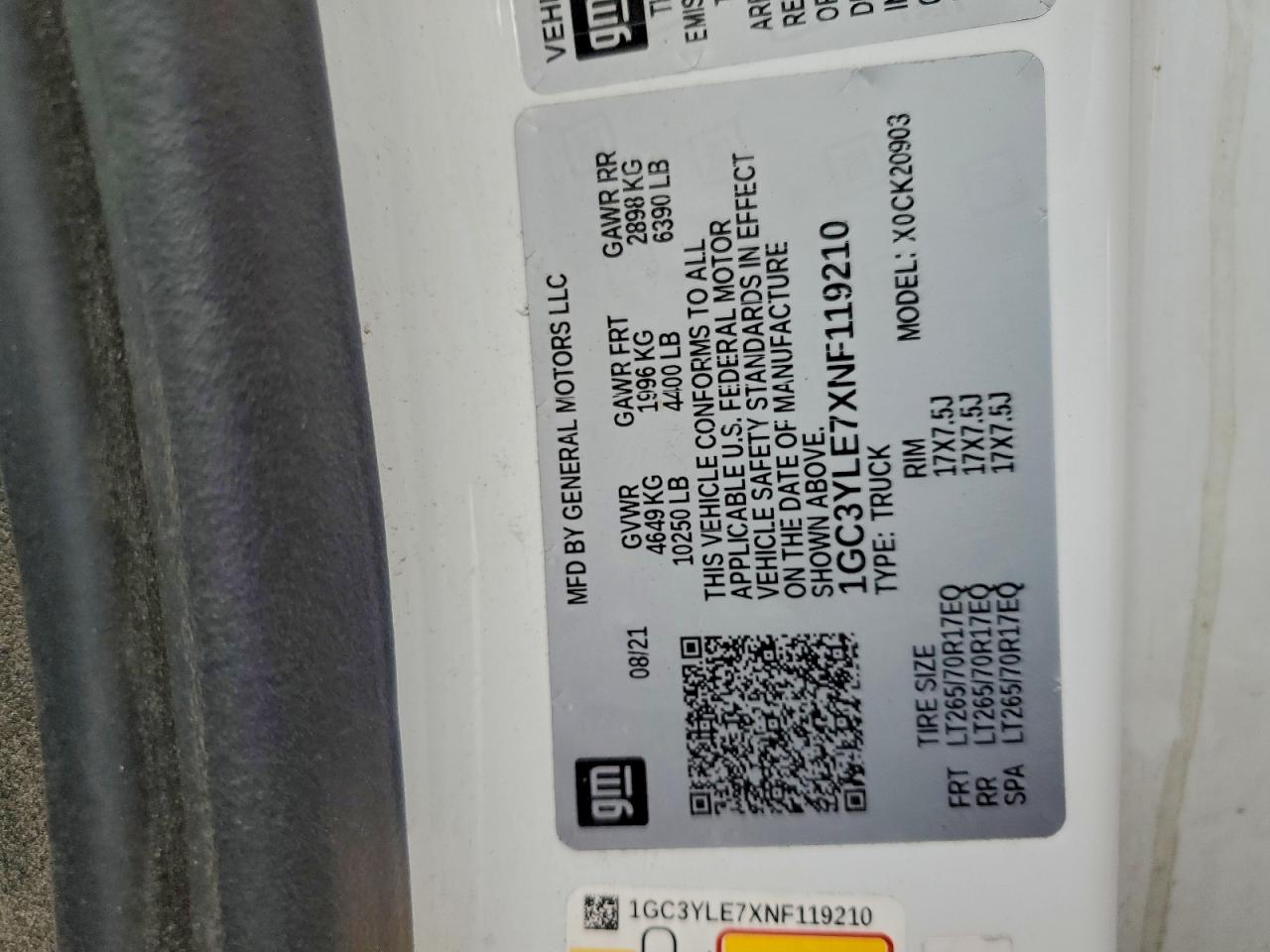 2022 Chevrolet Silverado K2500 Heavy Duty VIN: 1GC3YLE7XNF119210 Lot: 93479775