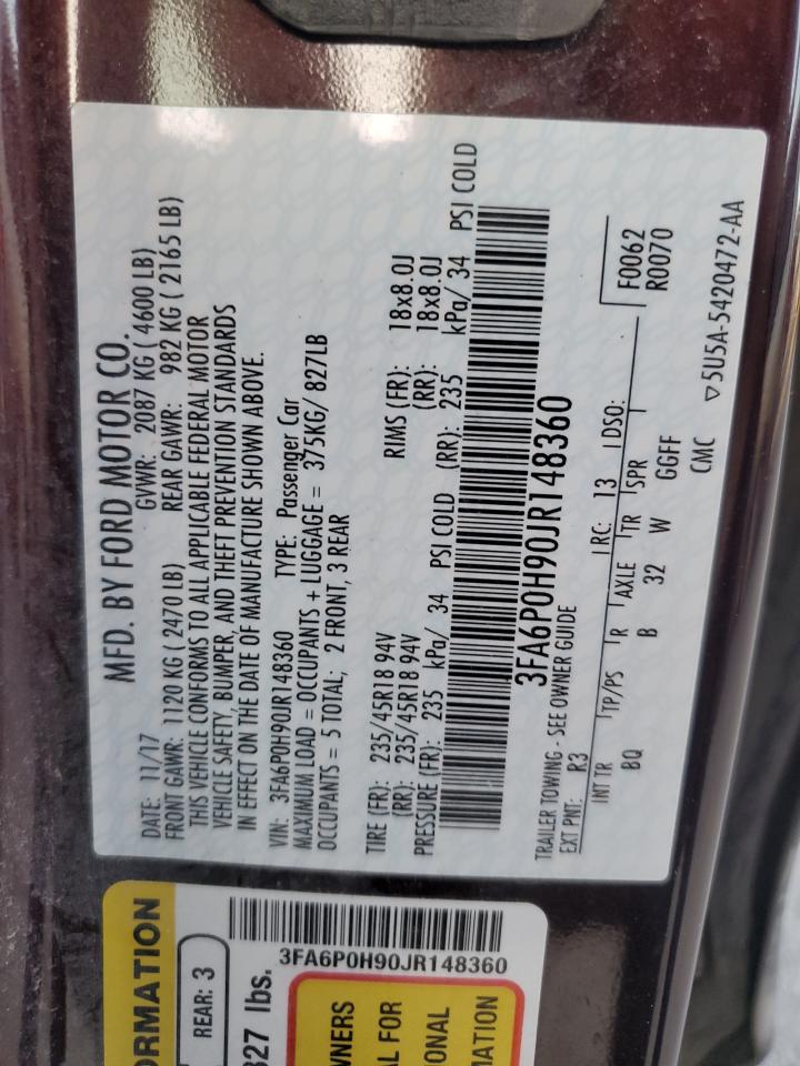 2018 Ford Fusion Se VIN: 3FA6P0H90JR148360 Lot: 92294405