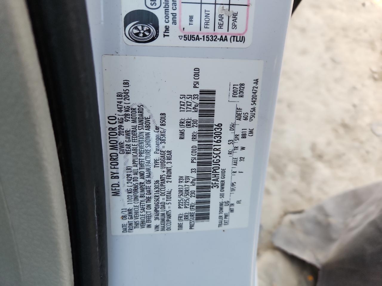 2012 Ford Fusion Sel VIN: 3FAHP0JG5CR163036 Lot: 92256385