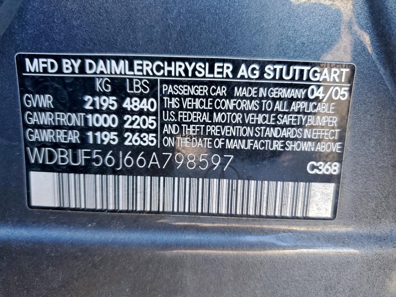 2006 Mercedes-Benz E 350 VIN: WDBUF56J66A798597 Lot: 94119705
