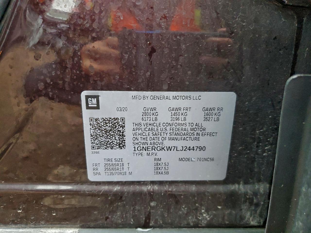 2020 Chevrolet Traverse Lt VIN: 1GNERGKW7LJ244790 Lot: 93282085