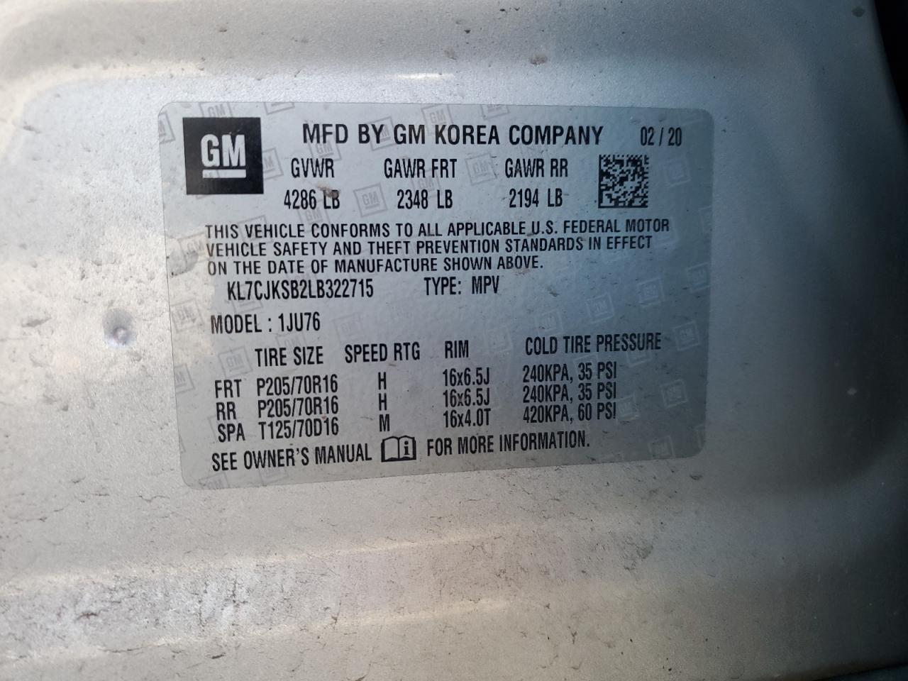 2020 Chevrolet Trax Ls VIN: KL7CJKSB2LB322715 Lot: 92429565