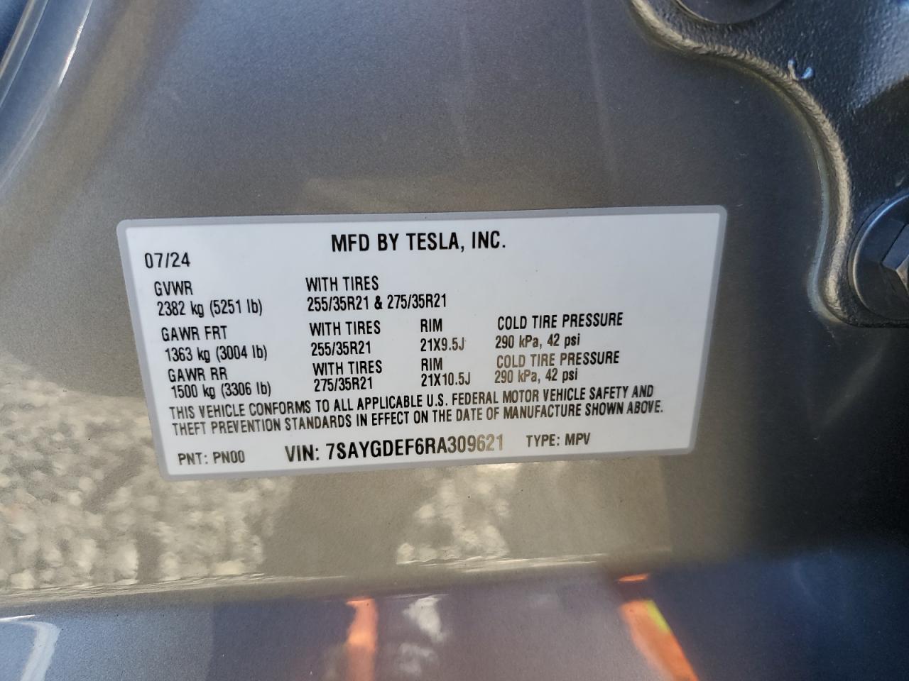2024 Tesla Model Y VIN: 7SAYGDEF6RA309621 Lot: 91222365