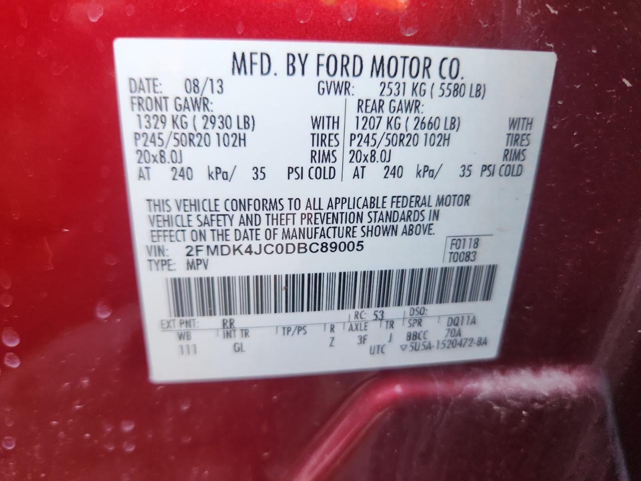 2013 Ford Edge Sel VIN: 2FMDK4JC0DBC89005 Lot: 93261905