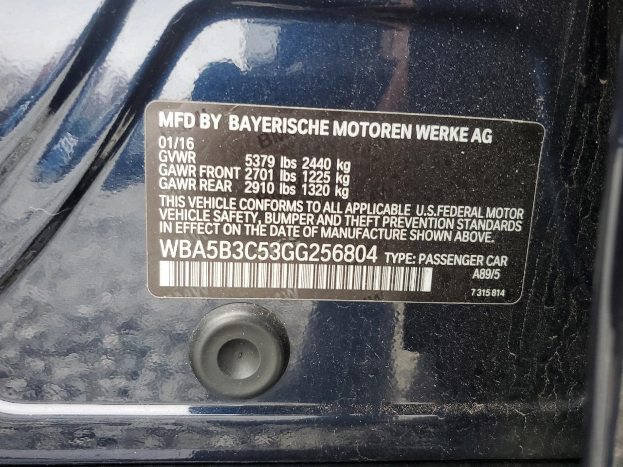 2016 BMW 535 Xi VIN: WBA5B3C53GG256804 Lot: 90713445