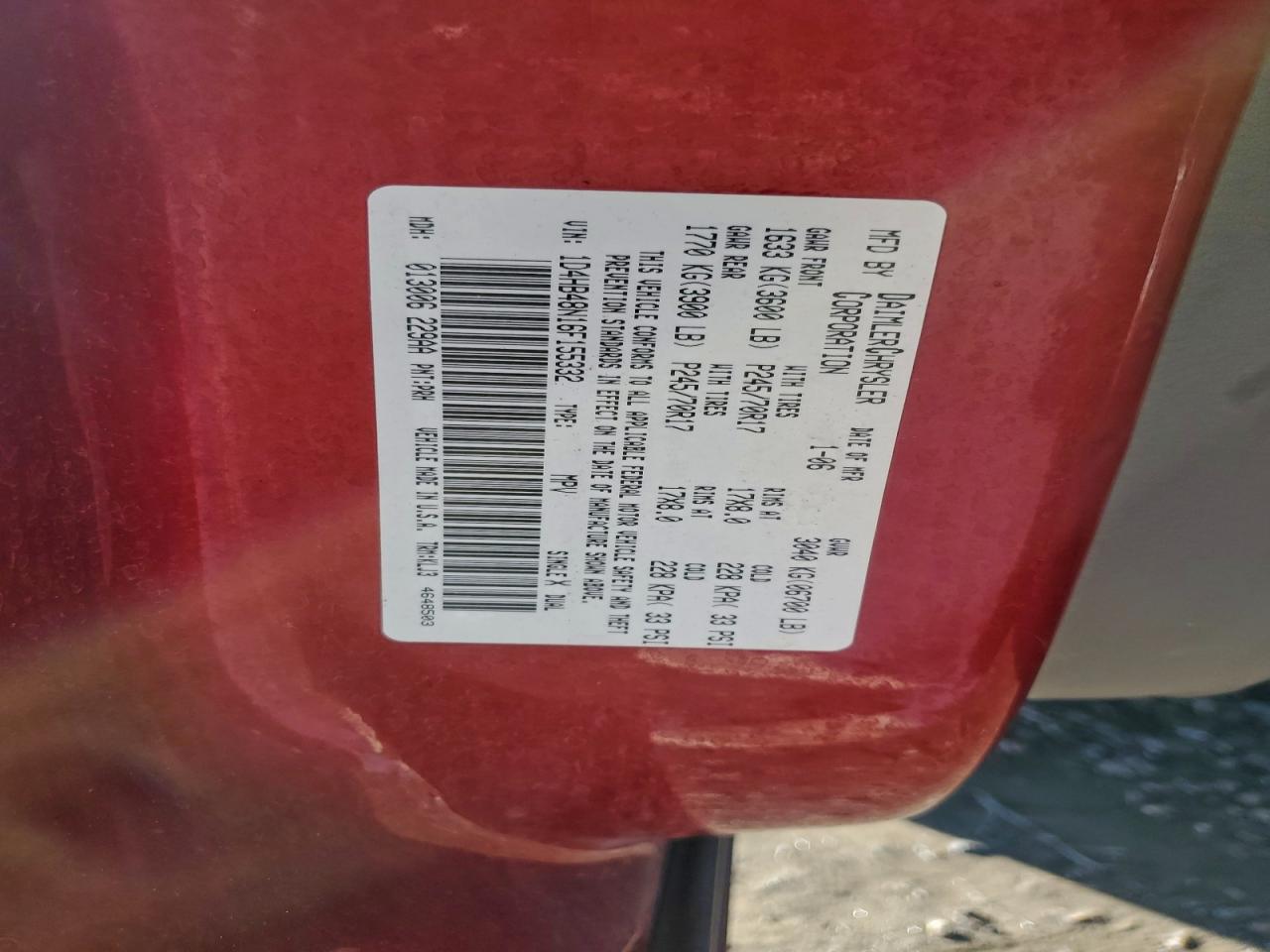 2006 Dodge Durango Slt VIN: 1D4HB48N16F155332 Lot: 93345485