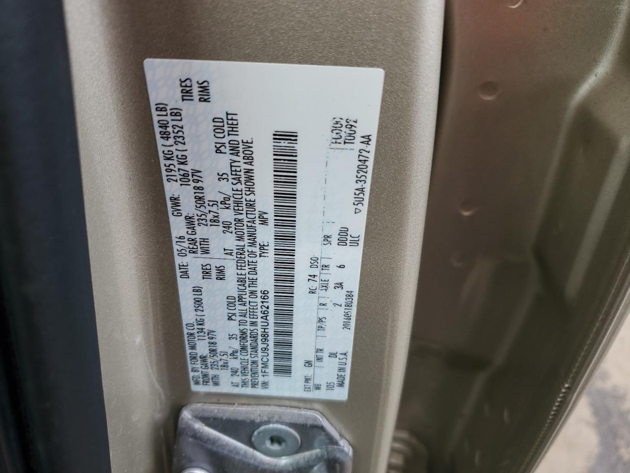 2017 Ford Escape Titanium VIN: 1FMCU9J98HUA62166 Lot: 92353445