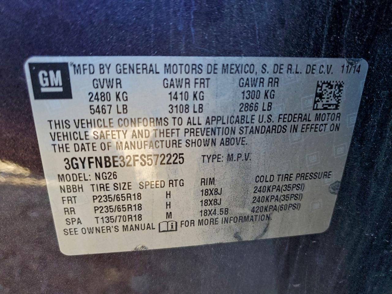 2015 Cadillac Srx Luxury Collection VIN: 3GYFNBE32FS572225 Lot: 94175535