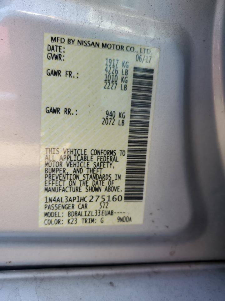 2017 Nissan Altima 2.5 VIN: 1N4AL3AP1HC275160 Lot: 91003445