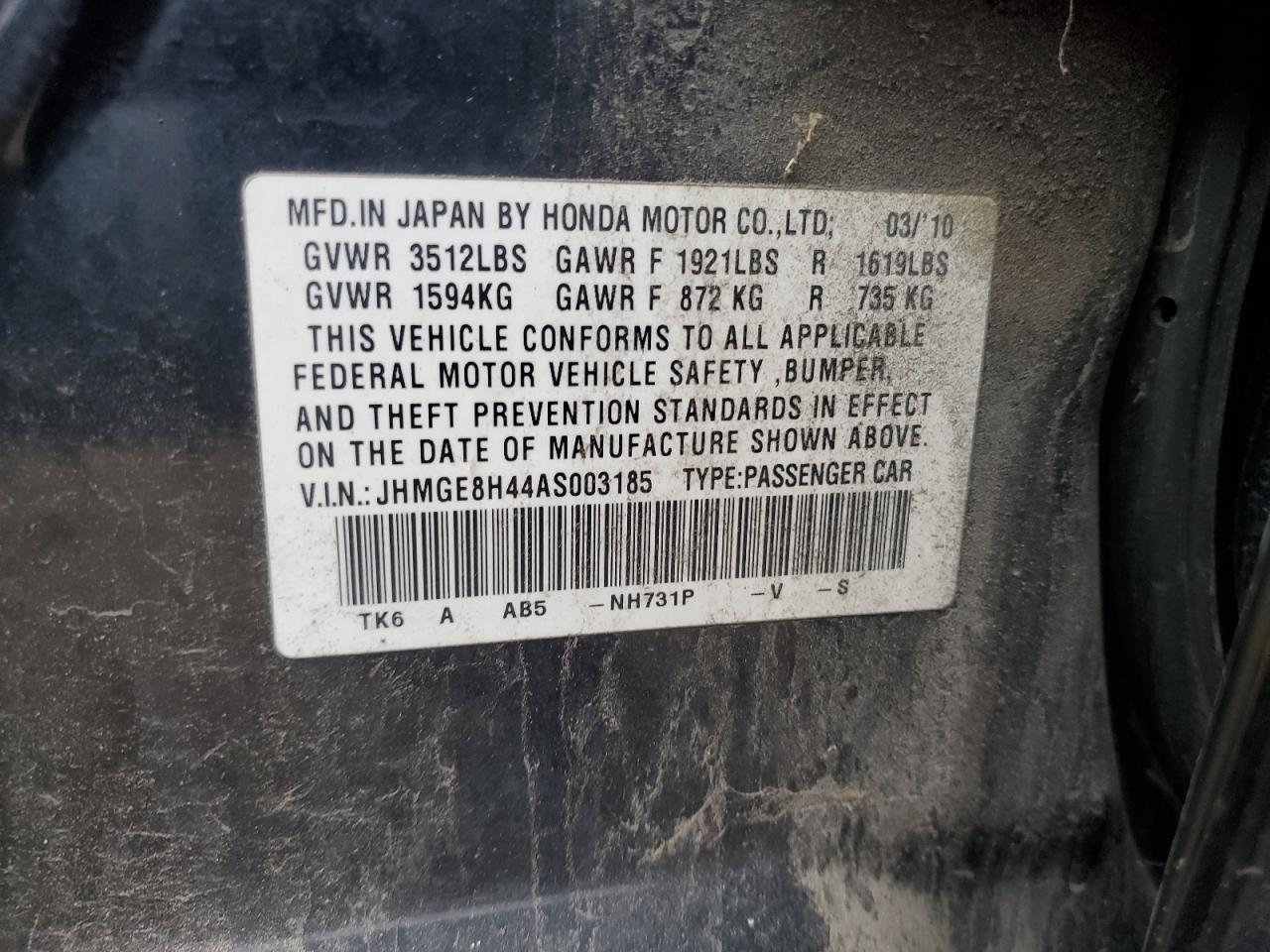 2010 Honda Fit Sport VIN: JHMGE8H44AS003185 Lot: 93921445