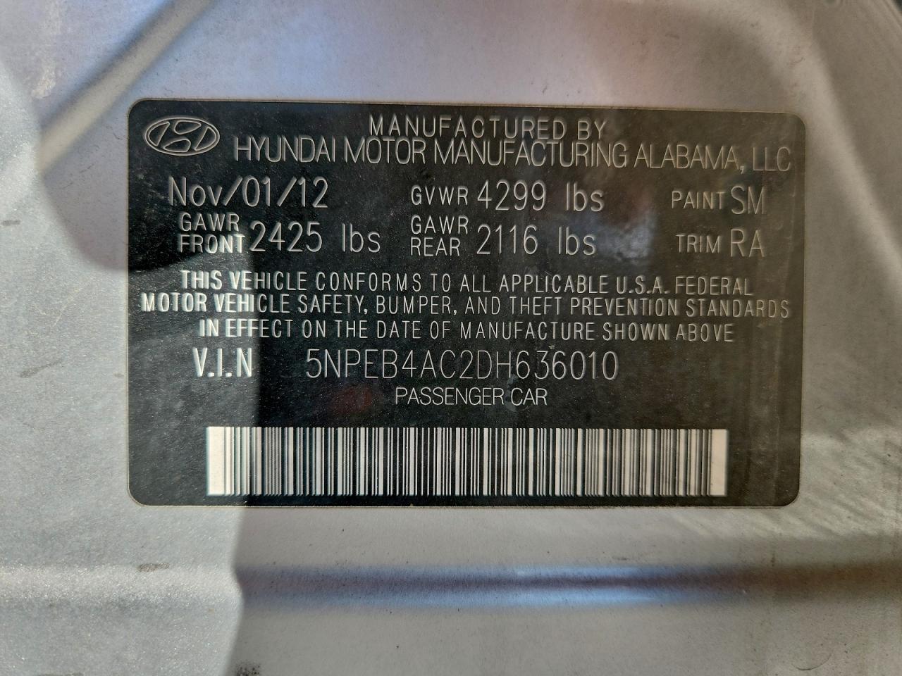 2013 Hyundai Sonata Gls VIN: 5NPEB4AC2DH636010 Lot: 93880295