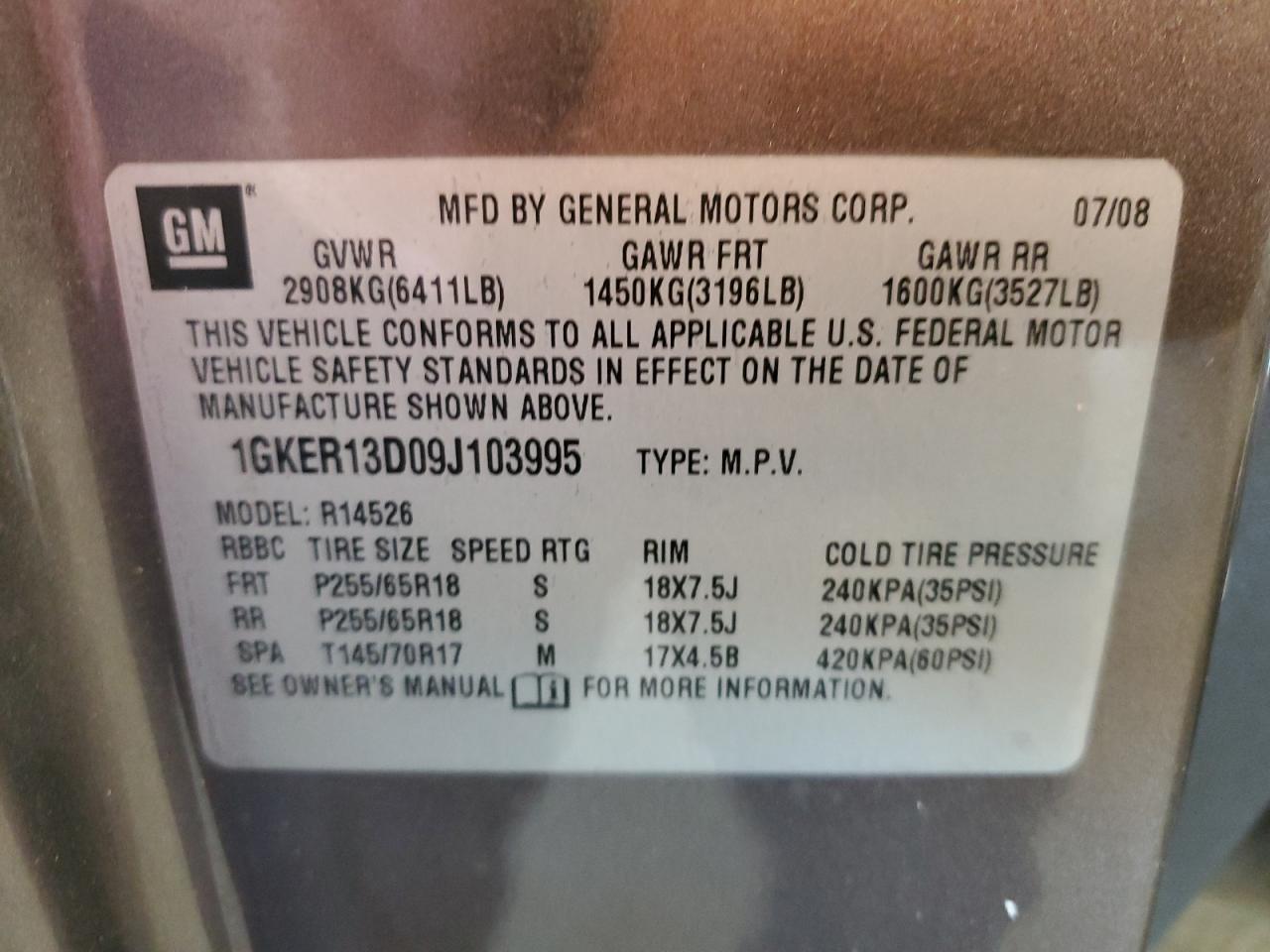 2009 GMC Acadia Sle VIN: 1GKER13D09J103995 Lot: 92657065