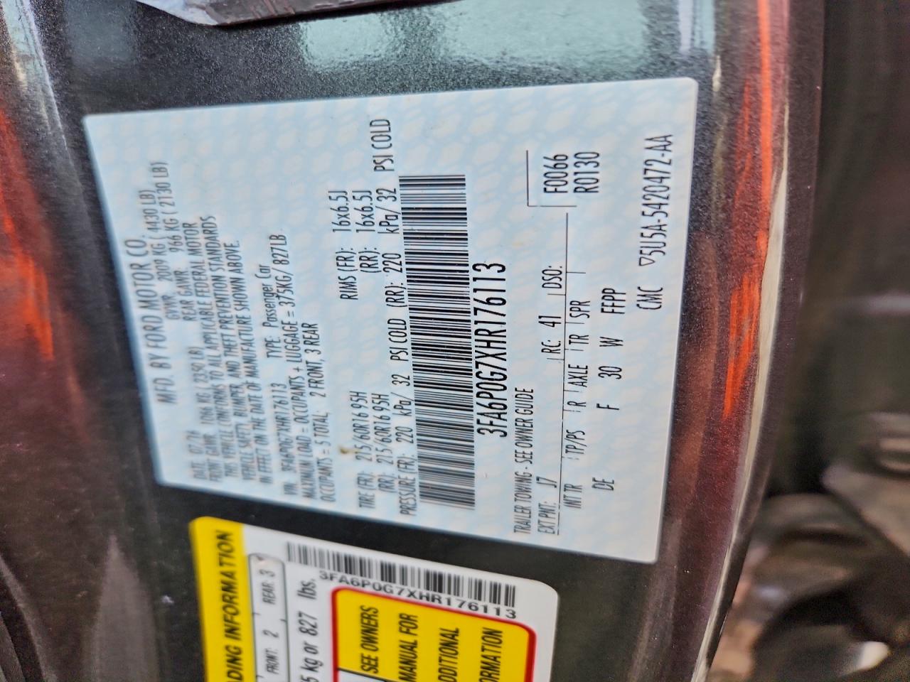 2017 Ford Fusion S VIN: 3FA6P0G7XHR176113 Lot: 93761015