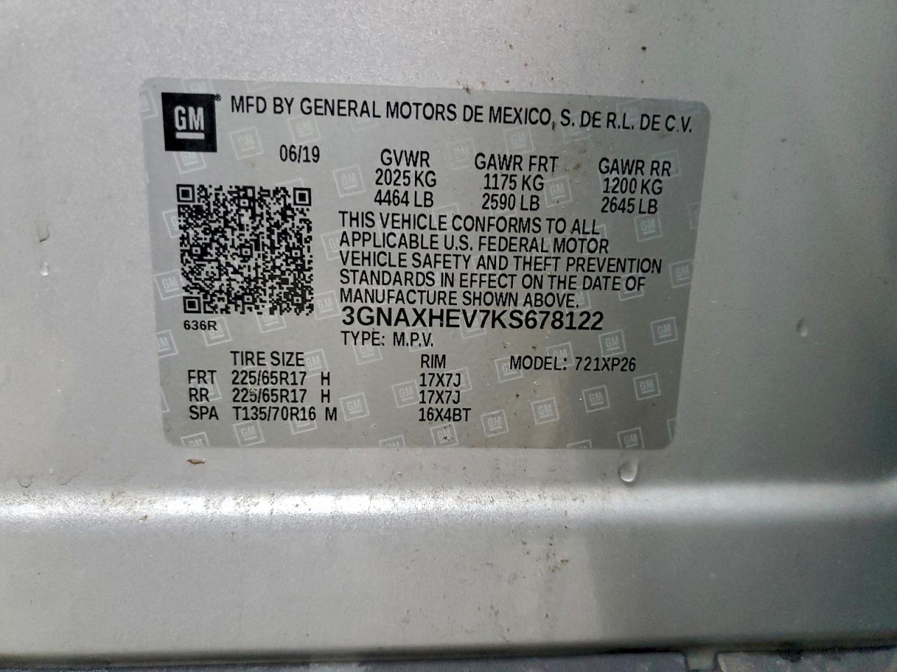 2019 Chevrolet Equinox Ls VIN: 3GNAXHEV7KS678122 Lot: 93646215