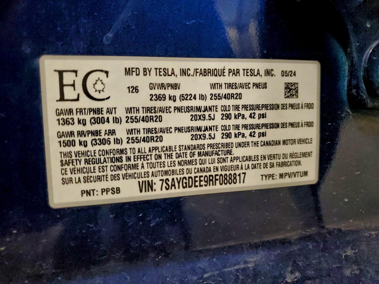 2024 Tesla Model Y VIN: 7SAYGDEE9RF088817 Lot: 94559095