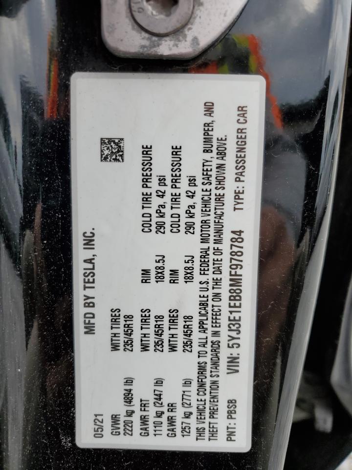 2021 Tesla Model 3 VIN: 5YJ3E1EB8MF978784 Lot: 91067425