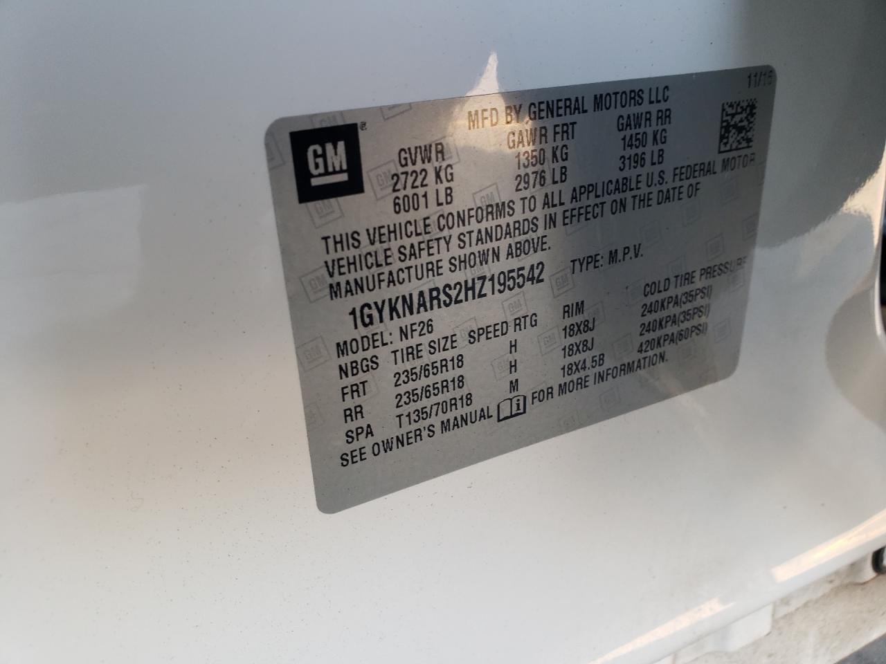 2017 Cadillac Xt5 VIN: 1GYKNARS2HZ195542 Lot: 92423055